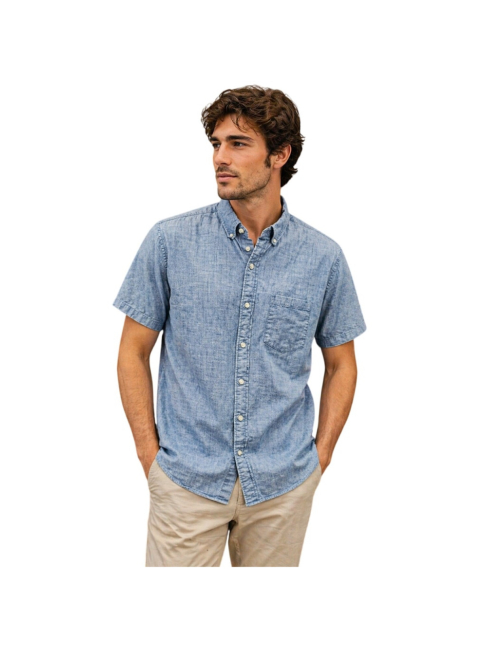 J. CREW chambray sz L FLEX blue short sleeve preppy button up career casual EUC